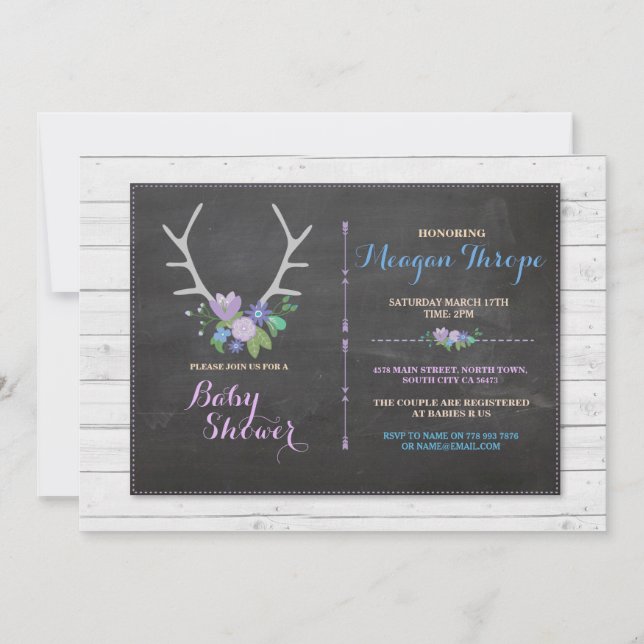 Blue Shower Boy Stag Rustic Flower Baby Invitation (Front)