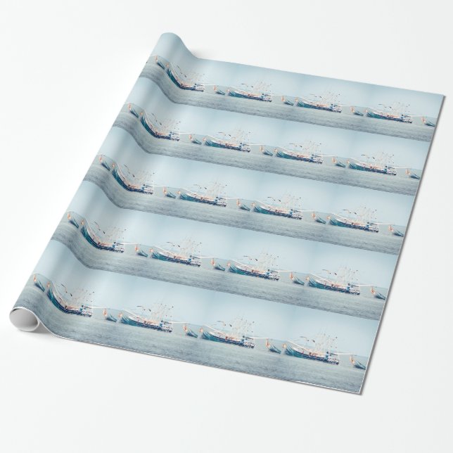 Blue Shrimp Boat on the Ocean Wrapping Paper (Unrolled)