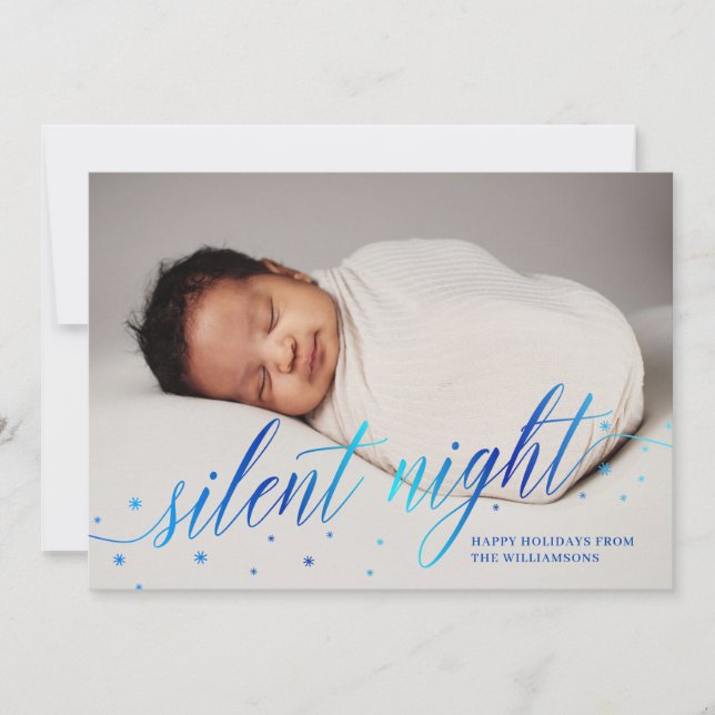 Blue Silent Night Happy Holidays Baby Photo Holiday Card (Front)