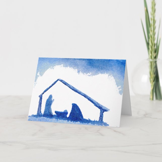 Blue Silhouette Nativity Scene Holiday Card (Front)