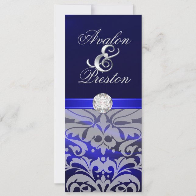 Blue Silk Diamond Damask Wedding Invitation (Front)