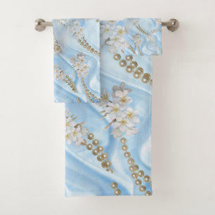 Blue Silk & Ivory Champaign Pearls Bath Towel Set