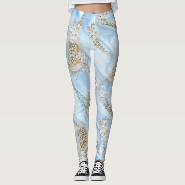 Blue Silk & Ivory Champaign Pearls Leggings (Front)