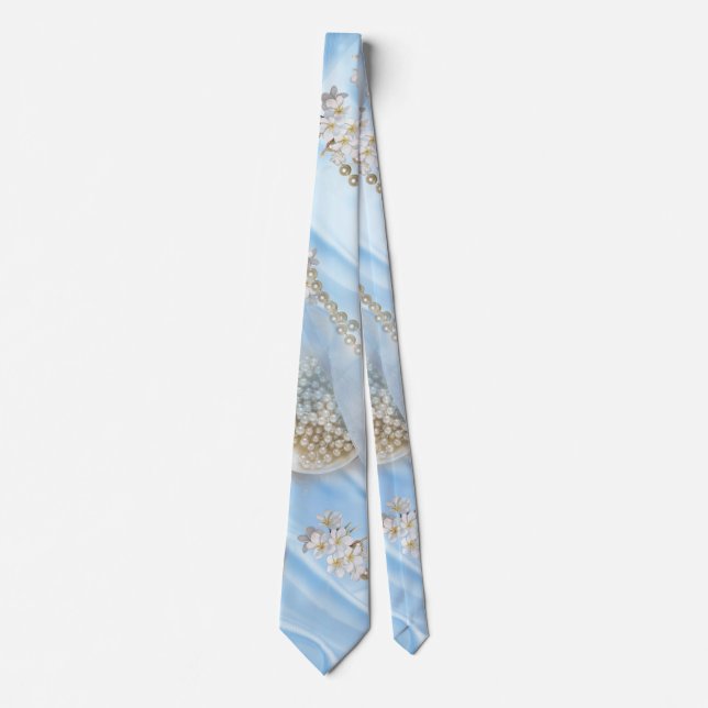 Blue Silk & Ivory Champaign Pearls Tie (Front)