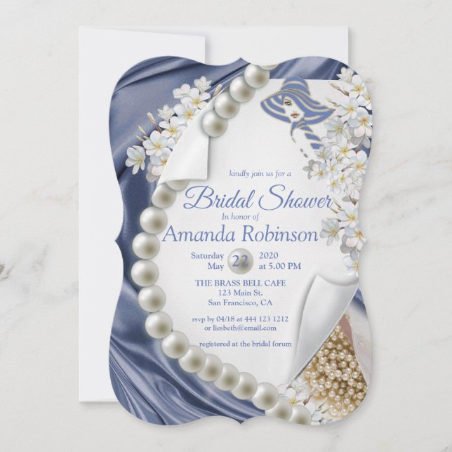 Blue Silk  & Ivory Pearls Bridal Shower Invitation (Front)