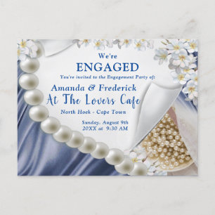 Blue Silk & Ivory Pearls Engagement Invitation Postcard