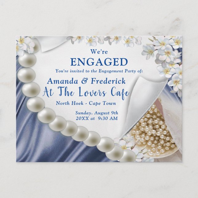 Blue Silk & Ivory Pearls Engagement Invitation Postcard (Front)