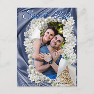 Blue Silk  & Ivory Pearls Save the Date Announcement Postcard