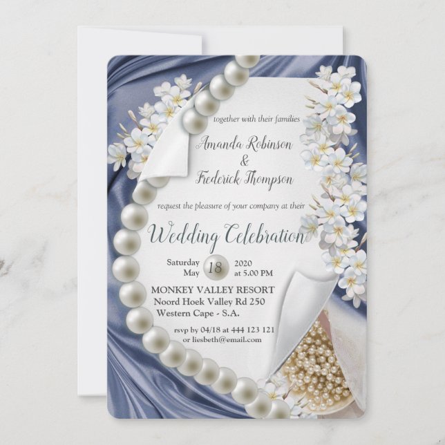 Blue silk  & Ivory Pearls Wedding Invitation (Front)