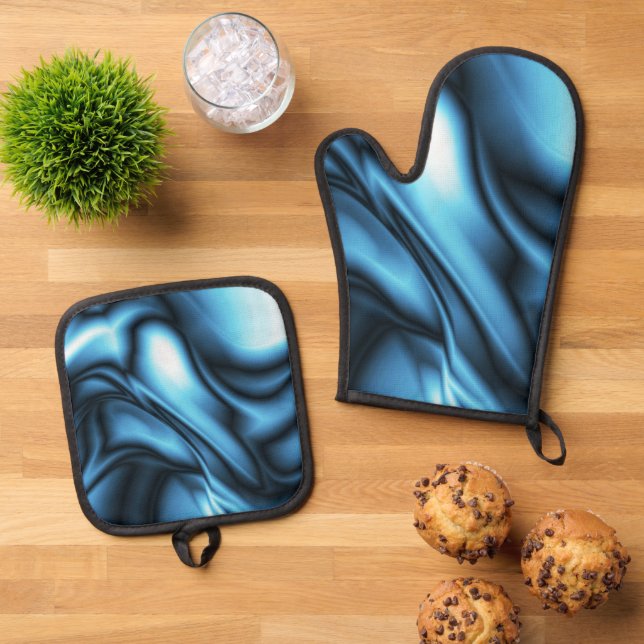 Blue Silk wave Oven Mitt & Pot Holder Set (Top Down)