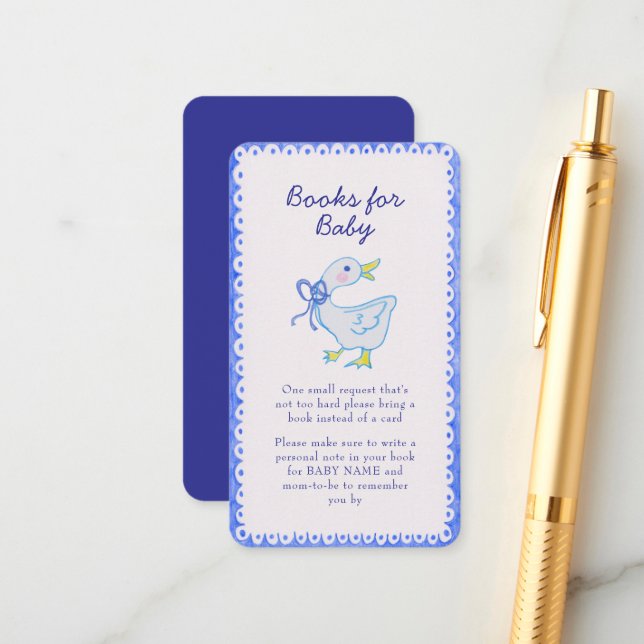 Blue Silly Goose Baby Shower Book Request Enclosure Card (Front/Back In Situ)