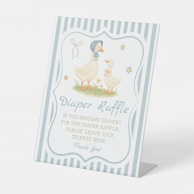 Blue Silly Goose Baby Shower Diaper Raffle Pedestal Sign (Front)