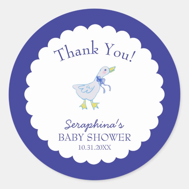 Blue Silly Goose Baby Shower Thank You Classic Round Sticker (Front)