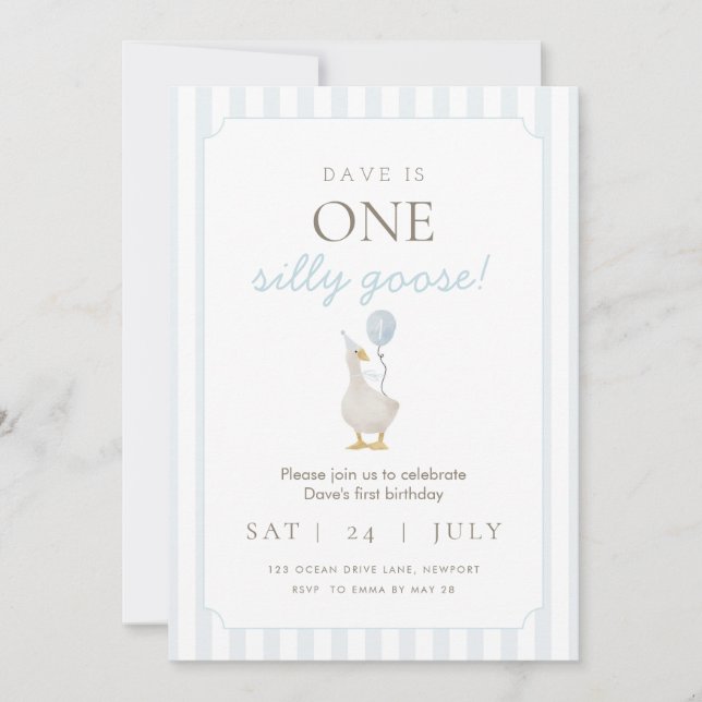Blue Silly Goose First Birthday Invitation (Front)