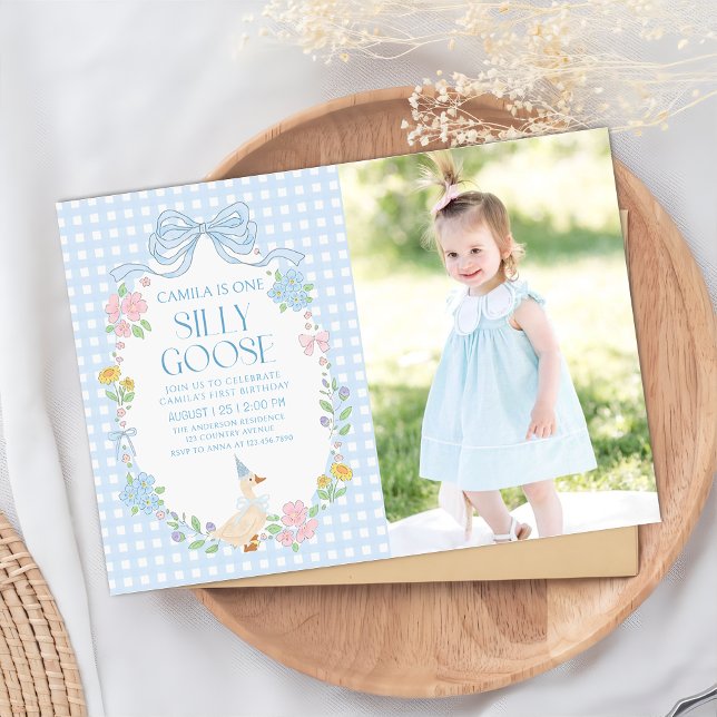 Blue Silly Goose Floral Gingham 1st Birthday Invitation (Creator Uploaded)