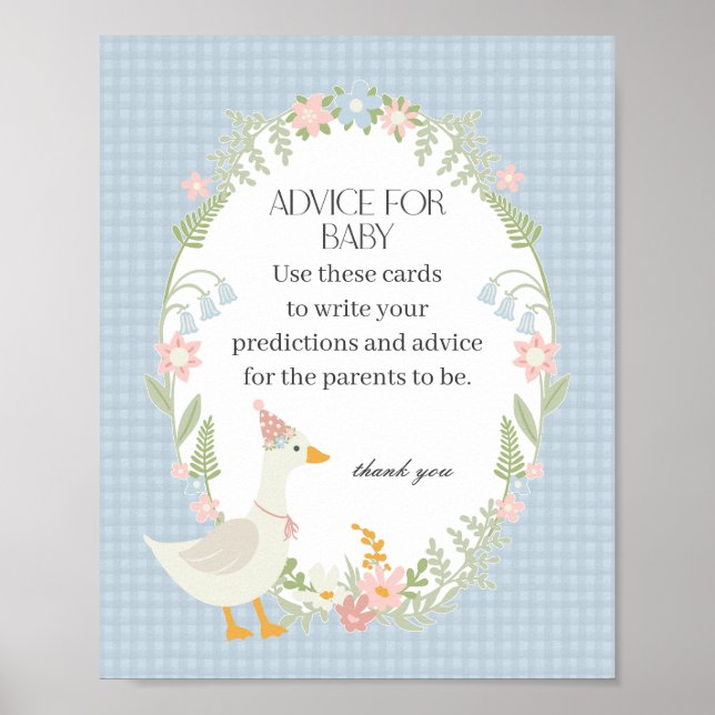 Blue Silly Goose Floral Gingham Advice for Baby Poster (Front)
