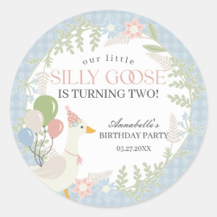 Blue Silly Goose Floral Gingham Baby Shower Favour Classic Round Sticker