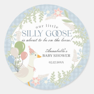 Blue Silly Goose Floral Gingham Baby Shower Favour Classic Round Sticker