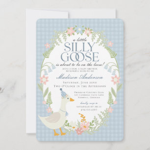 Blue Silly Goose Floral Gingham Baby Shower Invitation