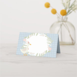 Blue Silly Goose Floral Gingham Baby Shower Place Card