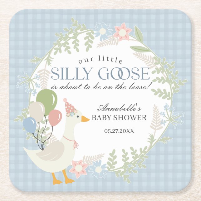 Blue Silly Goose Floral Gingham Baby Shower Square Paper Coaster (Front)