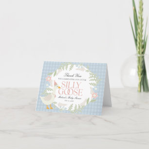 Blue Silly Goose Floral Gingham Baby Shower Thank You Card