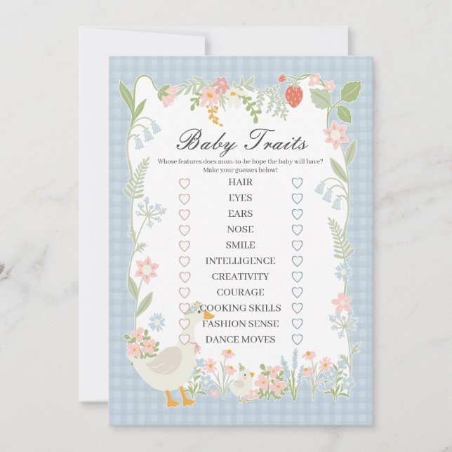 Blue Silly Goose Floral Gingham Baby Traits Game Invitation (Front)