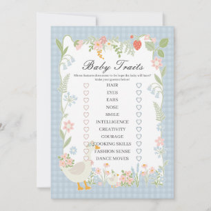 Blue Silly Goose Floral Gingham Baby Traits Game Invitation