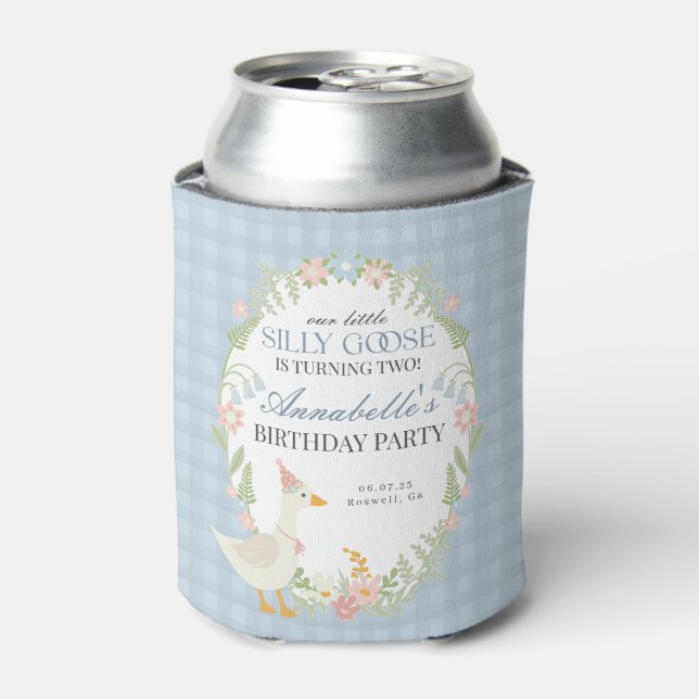 Blue Silly Goose Floral Gingham Birthday Favour Can Cooler (Can Front)