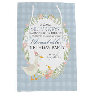 Blue Silly Goose Floral Gingham Birthday Favour Medium Gift Bag