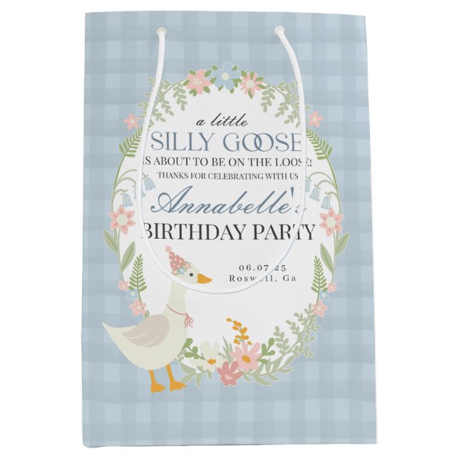 Blue Silly Goose Floral Gingham Birthday Favour Medium Gift Bag (Front)