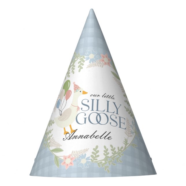 Blue Silly Goose Floral Gingham Birthday Favour Party Hat (Front)