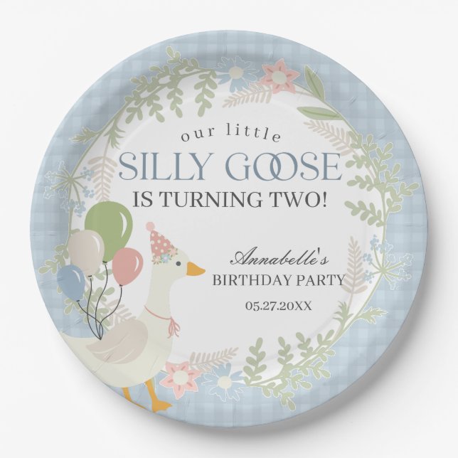 Blue Silly Goose Floral Gingham Birthday Paper Plate (Front)