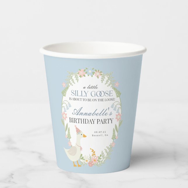 Blue Silly Goose Floral Gingham Birthday Party Paper Cups (Front)