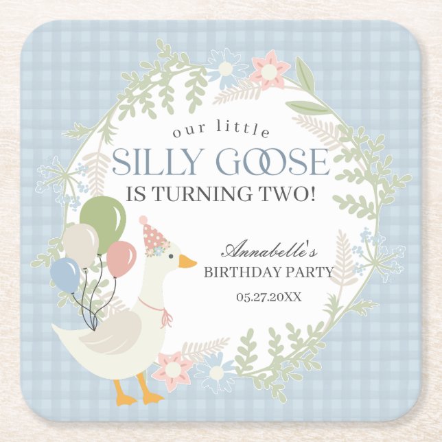 Blue Silly Goose Floral Gingham Birthday Square Paper Coaster (Front)