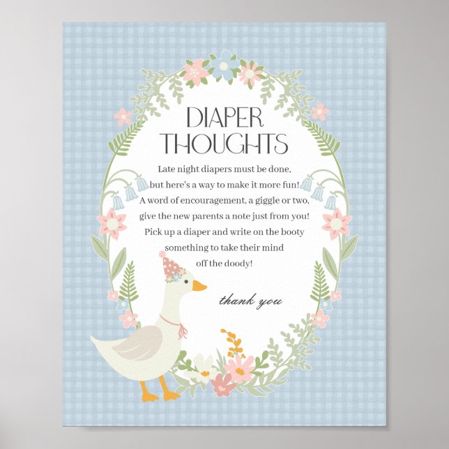 Blue Silly Goose Floral Gingham Diaper Thoughts Poster (Front)