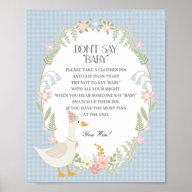 Blue Silly Goose Floral Gingham Dont Say Baby Game Poster (Front)