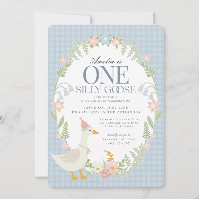 Blue Silly Goose Floral Gingham First Birthday Invitation (Front)
