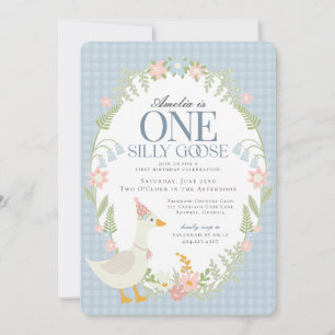 Blue Silly Goose Floral Gingham First Birthday Invitation
