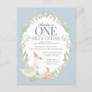 Blue Silly Goose Floral Gingham First Birthday Postcard