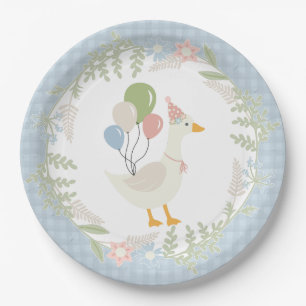 Blue Silly Goose Floral Gingham Party Paper Plate