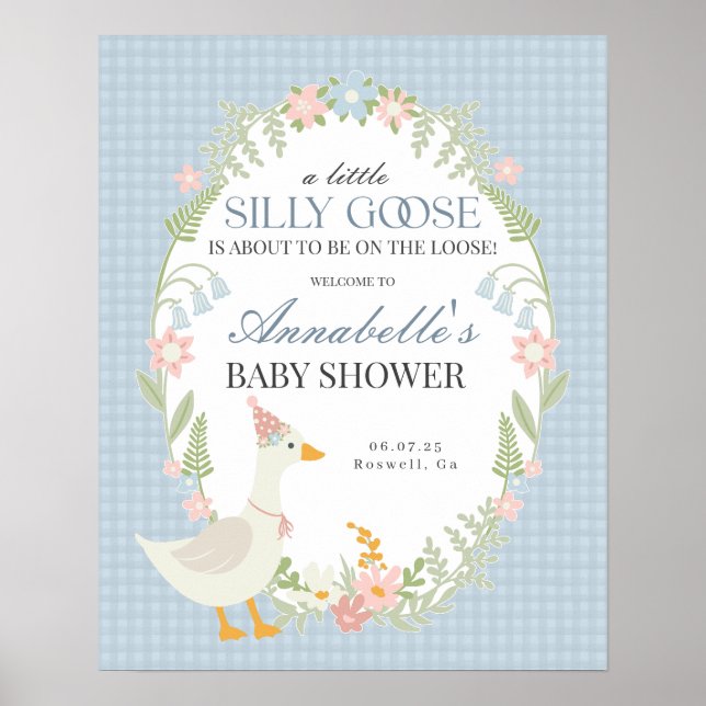 Blue Silly Goose Gingham Baby Shower Welcome Sign (Front)