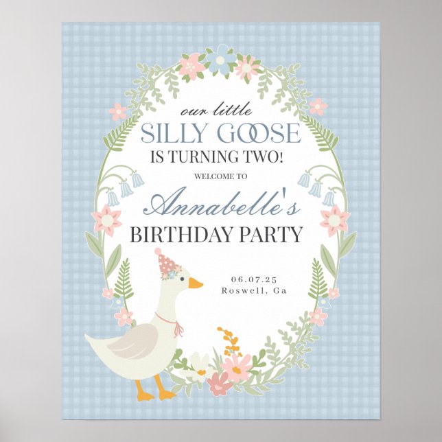 Blue Silly Goose Gingham Birthday Welcome Sign (Front)