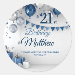 Blue Silver 21st Birthday Classic Round Sticker