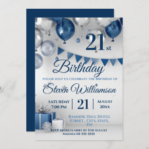 Blue Silver 21st Birthday Invitation