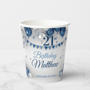 Blue Silver 21st Birthday Paper Cups