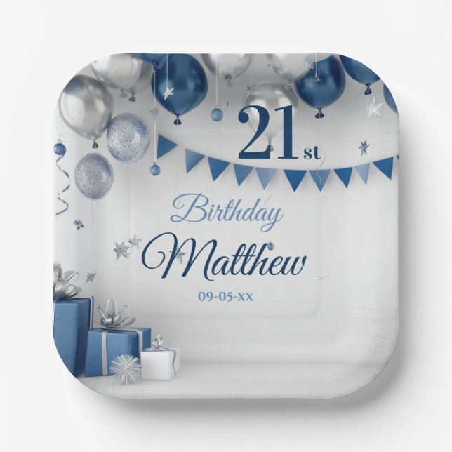Blue Silver 21st Birthday Paper Plate (Front)