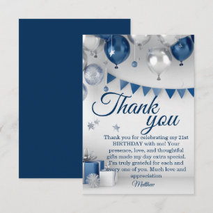 Blue Silver 21st Birthday Thank You Card