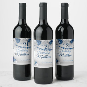 Blue Silver 21st Birthday Wine Label