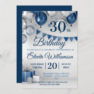 Blue Silver 30th Birthday Invitation